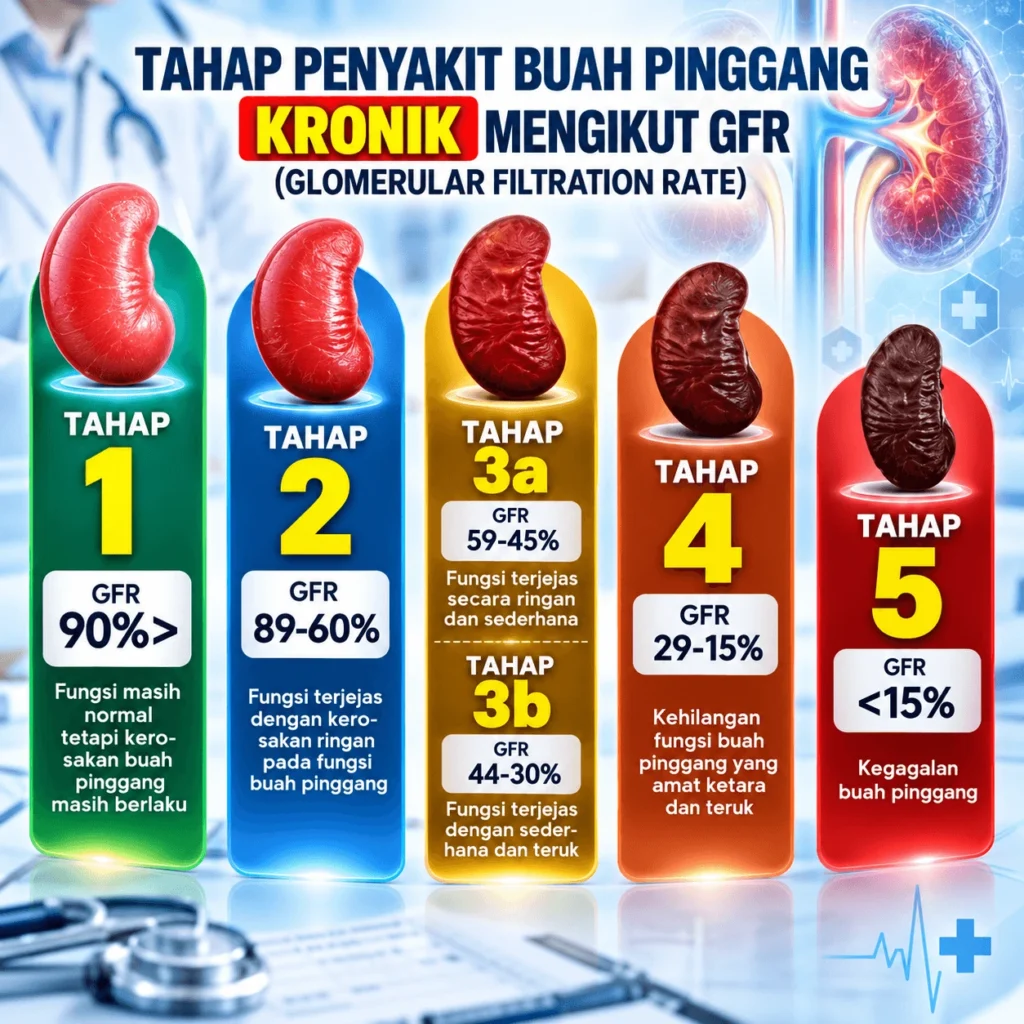 Tahap penyakit buah pinggang kronik mengikut GFR, tahap 1 hingga 5