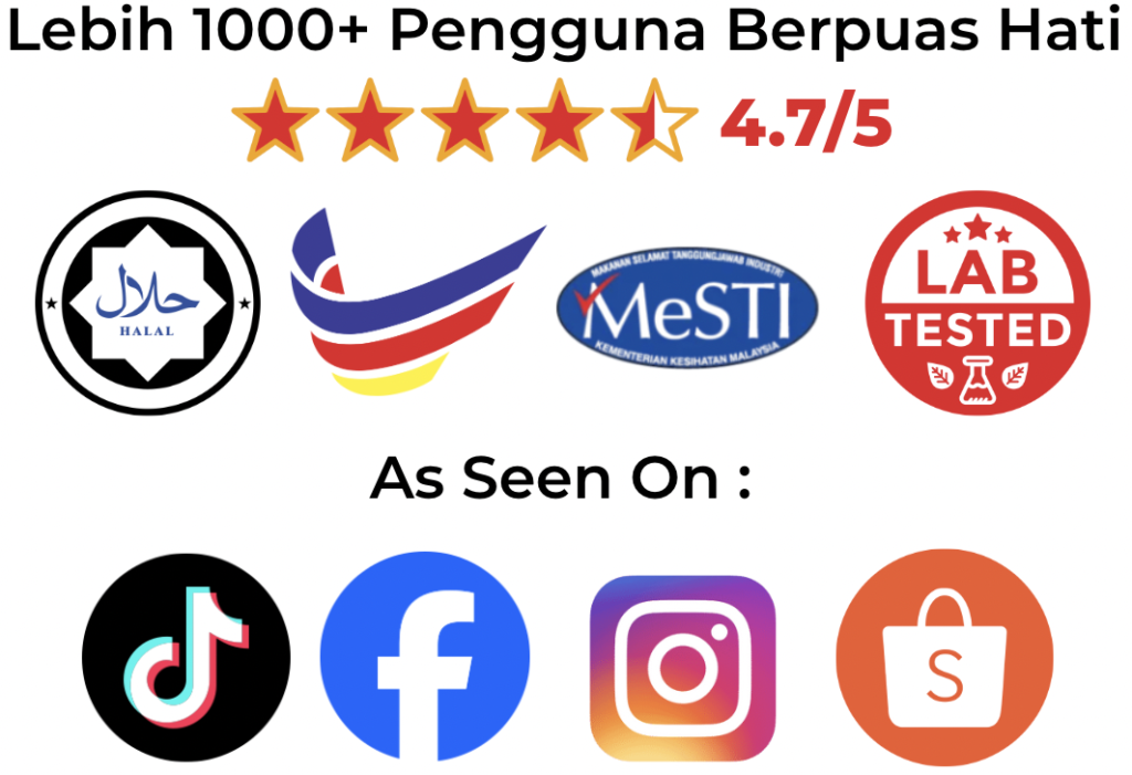Lebih 1000 pengguna berpuas hati, Halal, MeSTI, Lab tested, ada di TikTok, Facebook, Instagram, Shopee