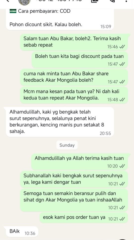 Testimoni WhatsApp: kaki bengkak surut, kencing manis turun